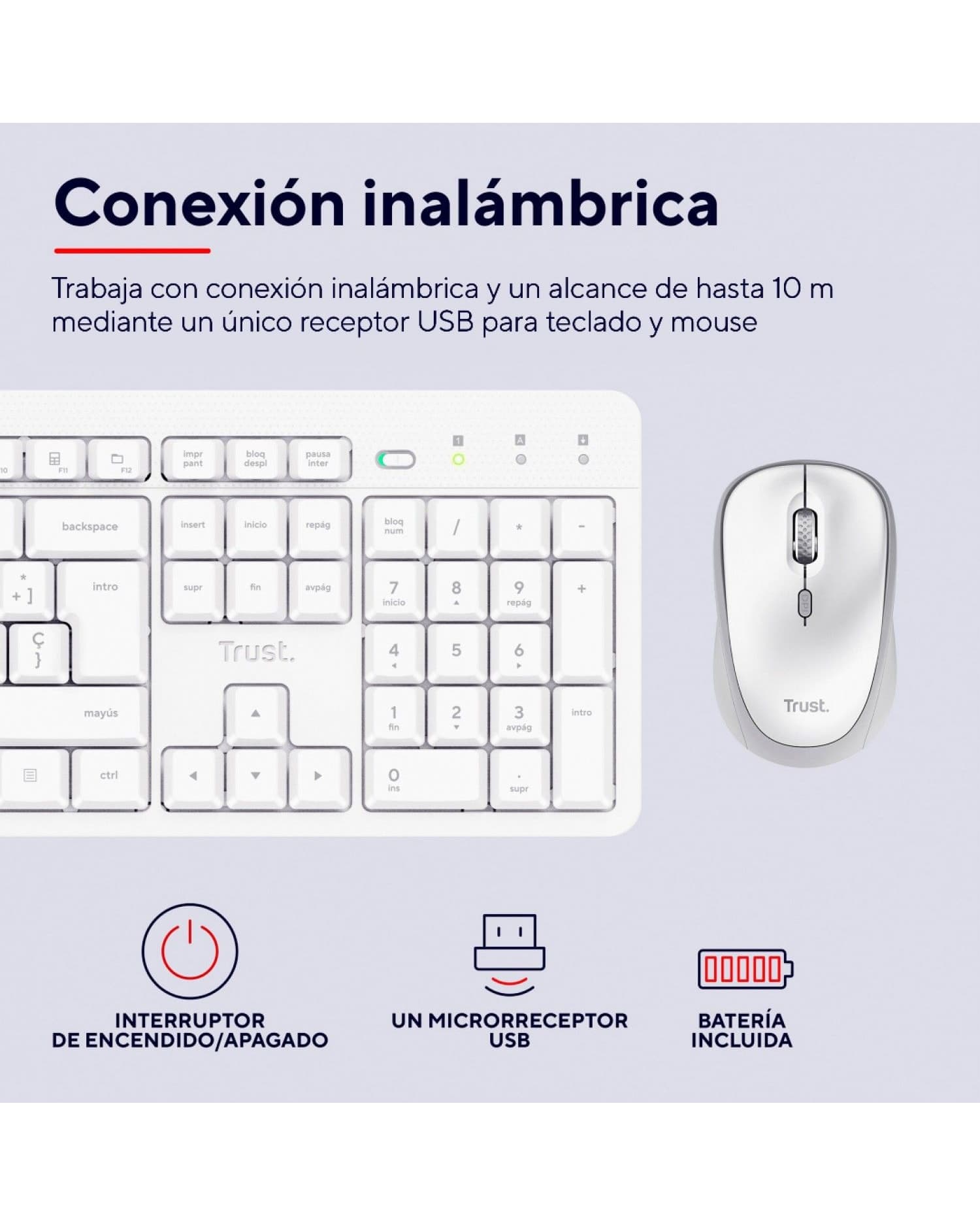 SET INALÁMBRICO TRUST ODY II TECLADO RESISTENTE + MOUSE SILENCIOSO BLANCO