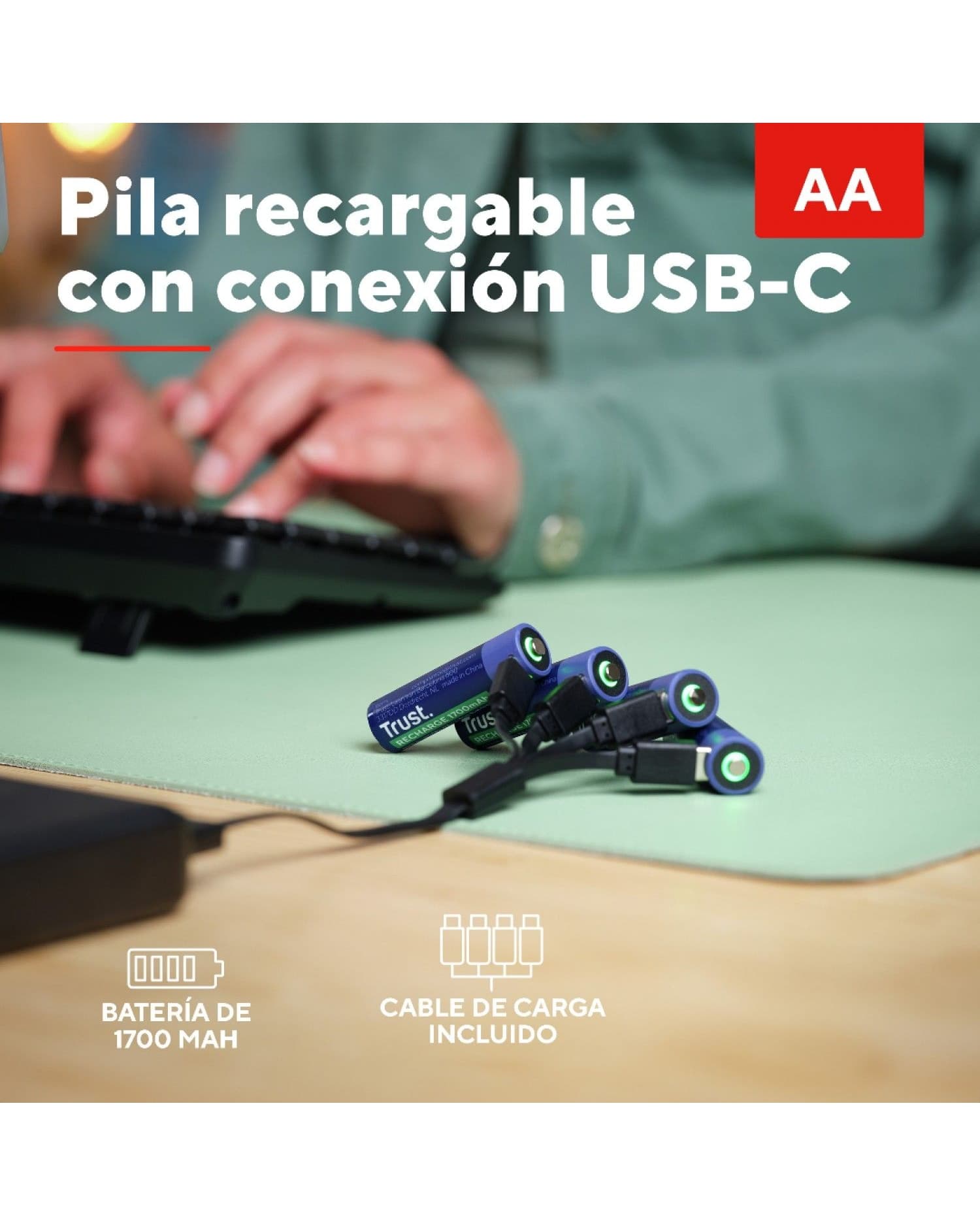 PILAS AA RECARGABLES USB-C TRUST CON LUZ LED Y CABLE INCLUIDO (4-PACK)