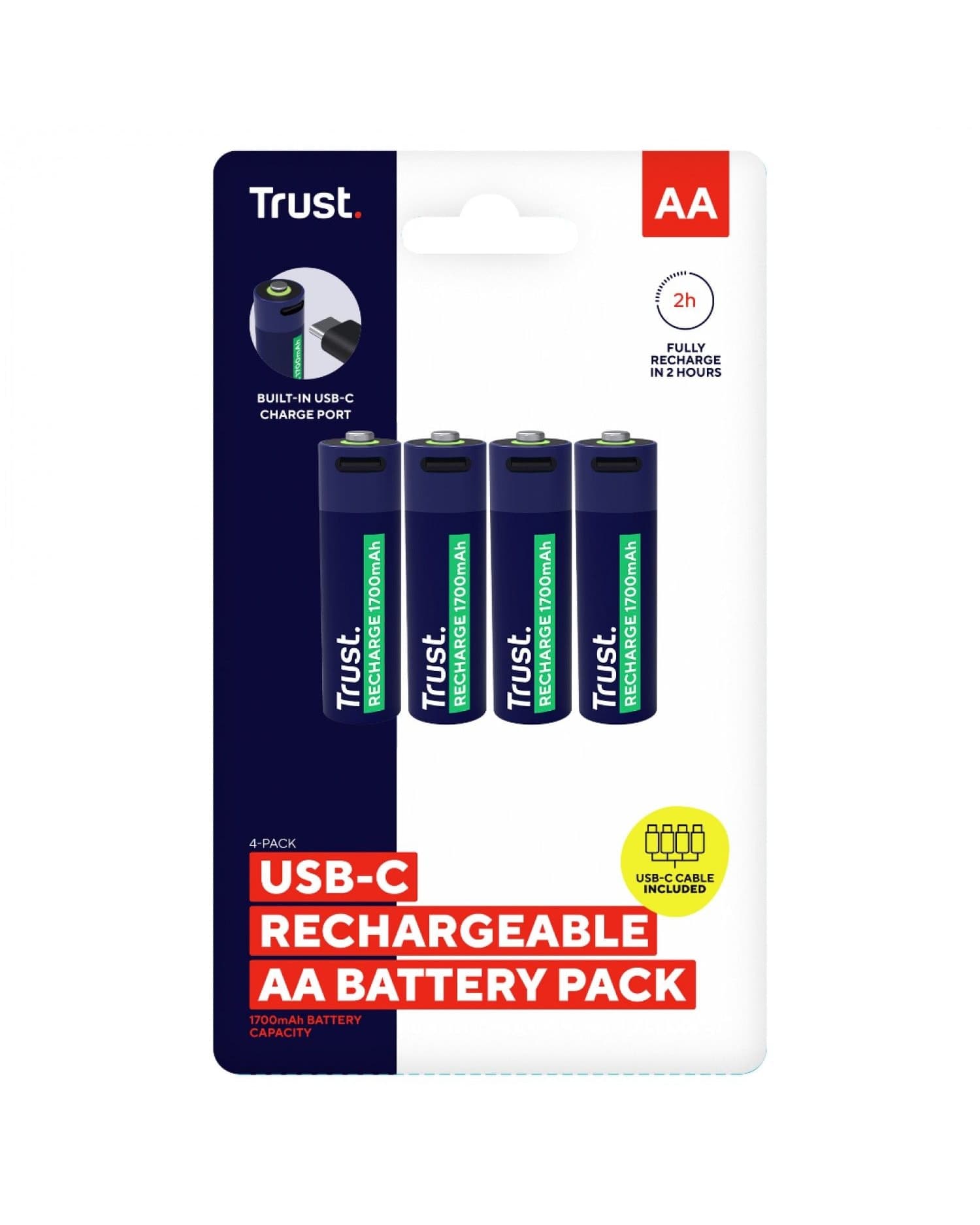 PILAS AA RECARGABLES USB-C TRUST CON LUZ LED Y CABLE INCLUIDO (4-PACK)