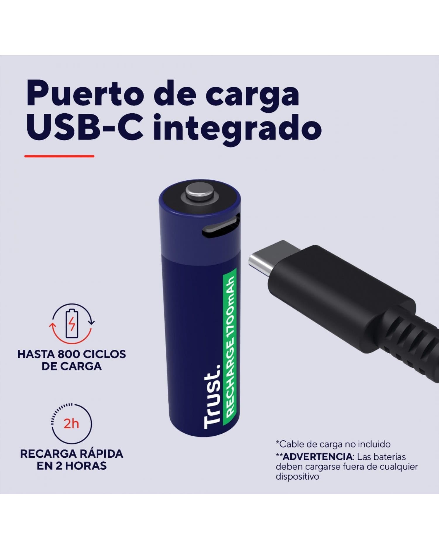 PILAS AA RECARGABLES USB-C TRUST CON LUZ LED (2-PACK)