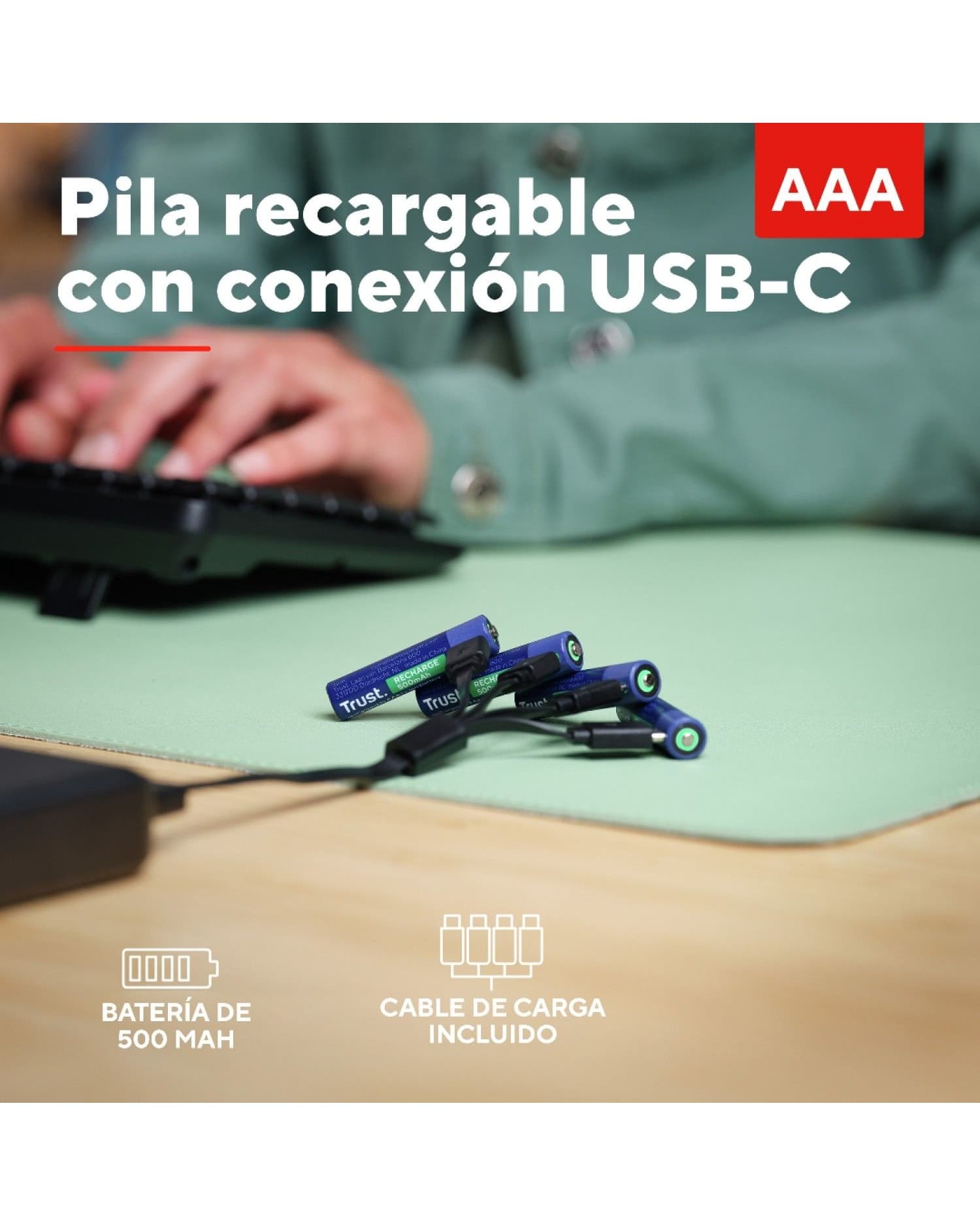 PILAS AAA RECARGABLES USB-C TRUST CON LUZ LED Y CABLE INCLUIDO (4-PACK)