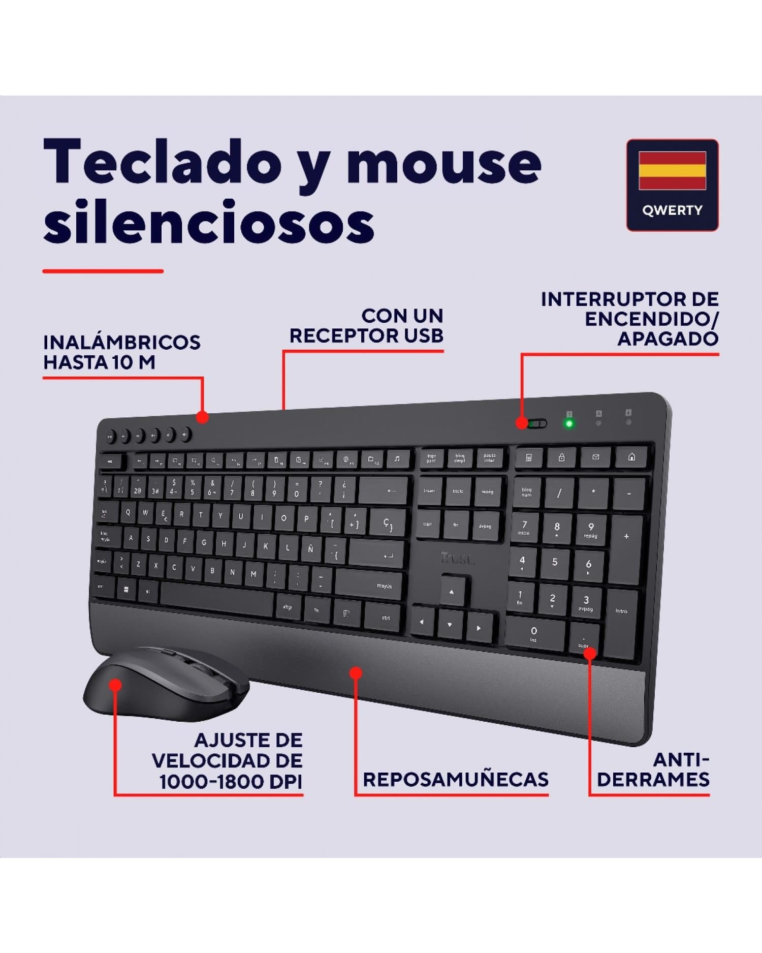 SET INALÁMBRICO TRUST TREZO TECLADO ULTRACÓMODO + MOUSE SILENCIOSO NEGRO
