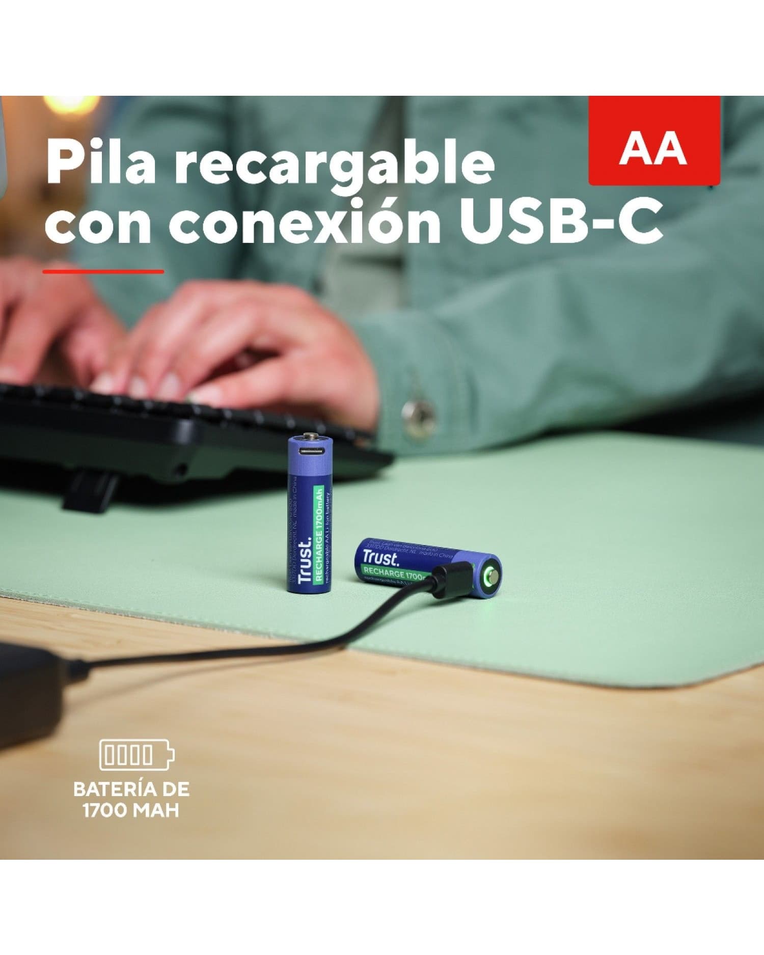PILAS AA RECARGABLES USB-C TRUST CON LUZ LED (2-PACK)