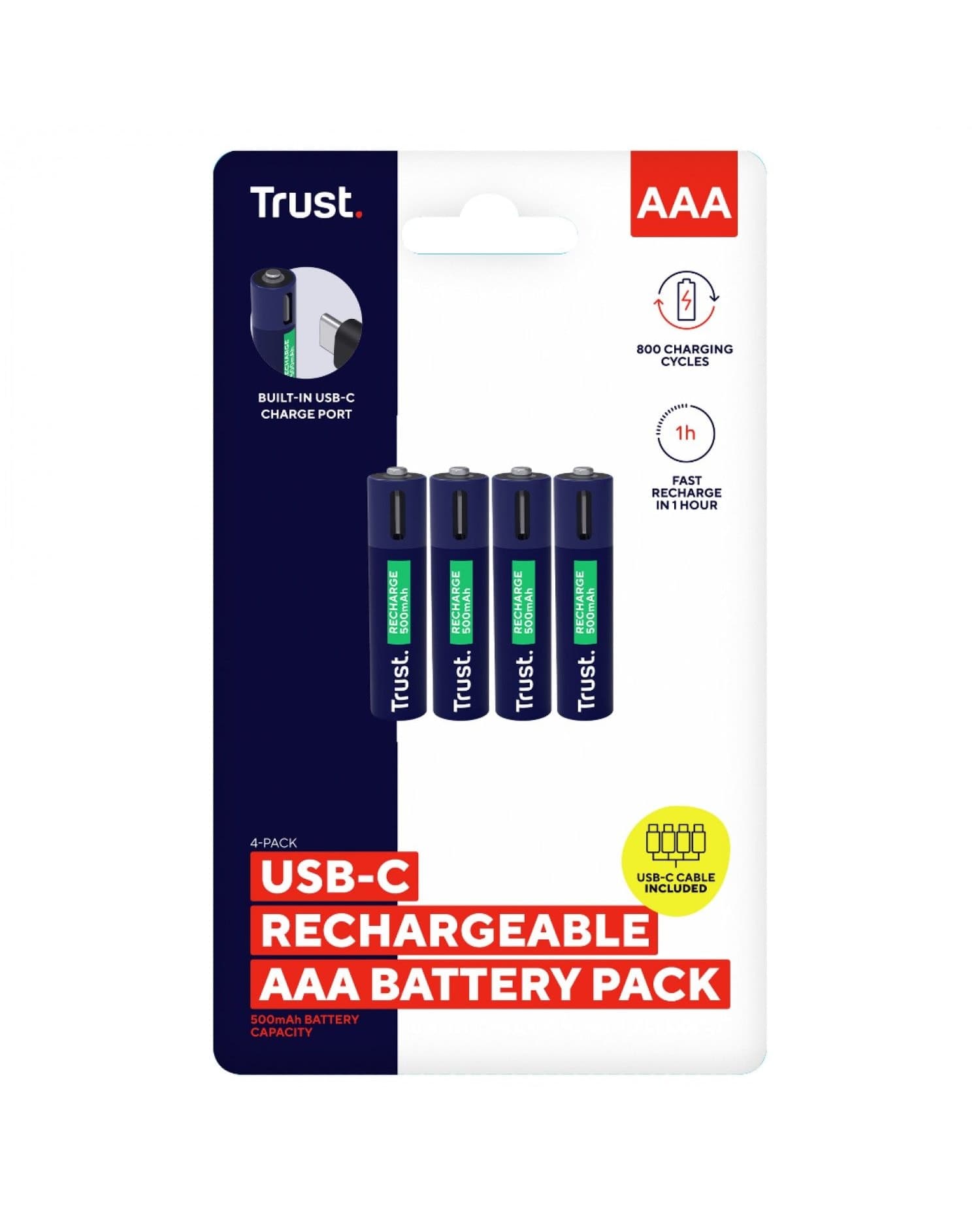 PILAS AAA RECARGABLES USB-C TRUST CON LUZ LED Y CABLE INCLUIDO (4-PACK)
