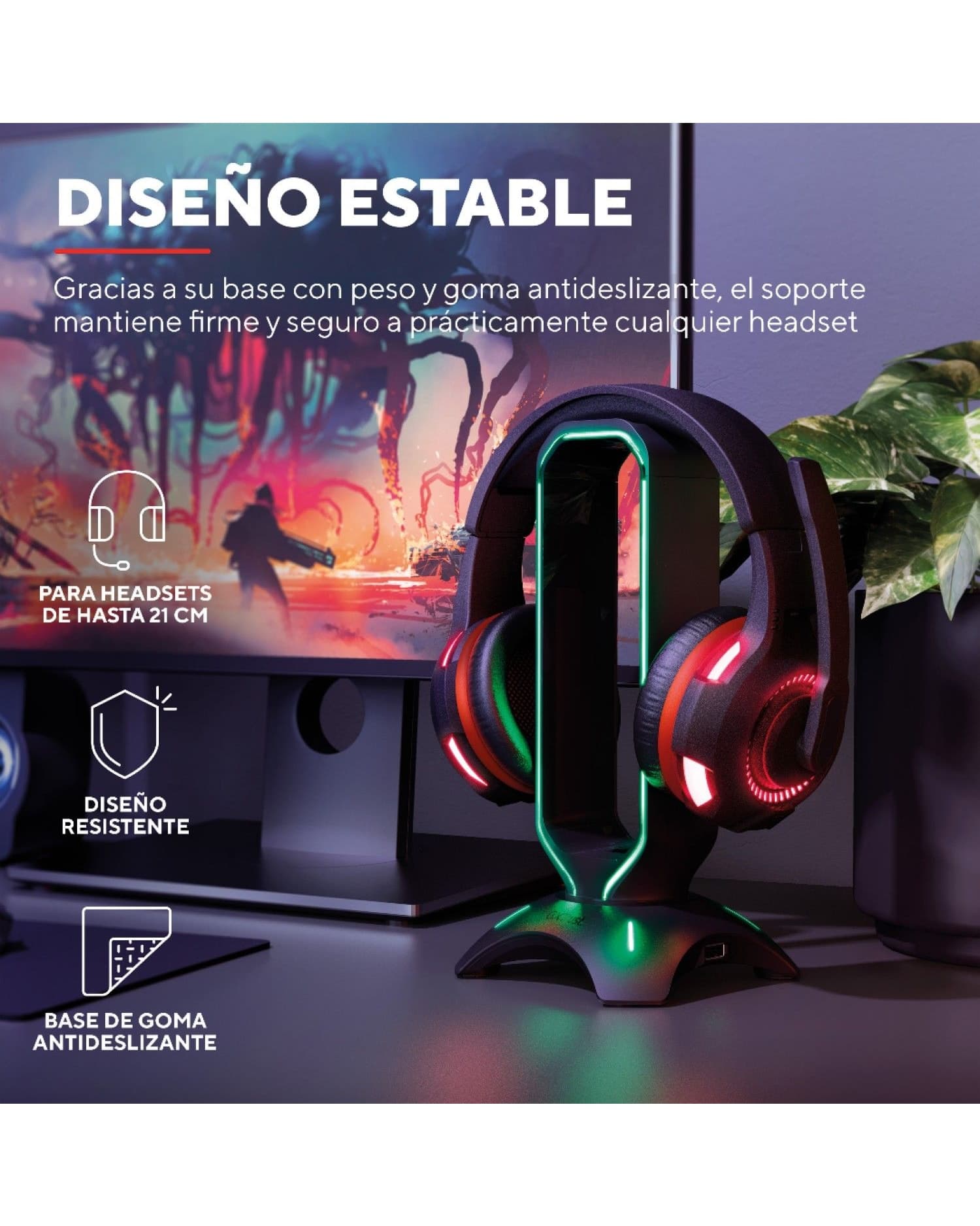 SOPORTE DE AURICULARES GAMING GXTRUST 265 CINTAR RGB CON PUERTOS USB